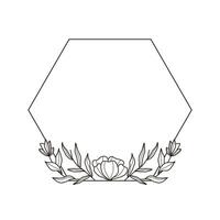 Floral geometric hexagon frame with hand drawn flowers and leaves vector