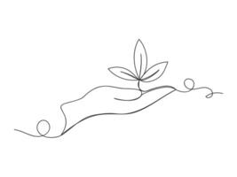 Continuous one line plant on palm hand isolated illustration. vector