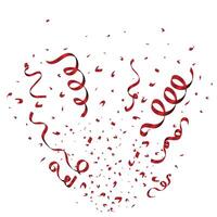 Luxury red ribbon and confetti blast on a white background. Red color confetti and tinsel design for party element. Confetti and ribbons for festival, birthday, anniversary, and decoration. vector