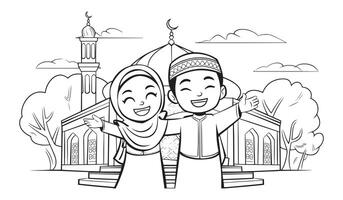 Joyful Unity A Delightful Mosque Coloring Page for Children vector