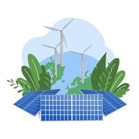 Green planet with renewable natural electricity energy sources. Save Earth, ecology, environment concept. illustration isolated on white background vector