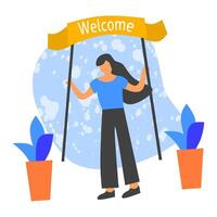 Welcome illustration set featuring cheerful people holding banners and signs in vibrant flat design. Perfect for invitations, greetings, or event promotions vector