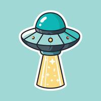Cartoon UFO with Dome and Beam of Light on Teal Background vector