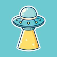 UFO with Dome and Beam of Light on Teal Background - Fun Cartoon Illustration vector