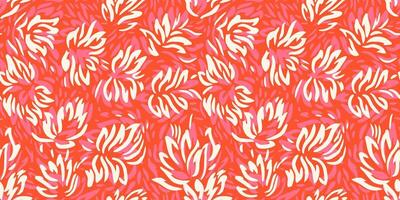 Vibrant seamless pattern featuring dynamic abstract floral shapes in bold red, pink, and white, orange tones. Perfect for print design textiles, wrapping paper, contemporary decorative projects vector