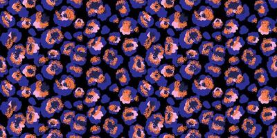 Vivid leopard-inspired pattern with abstract spots in orange, purple, and pink shades on a black background. Bold, modern design animal print perfect for fashion, textiles, artistic branding projects. vector