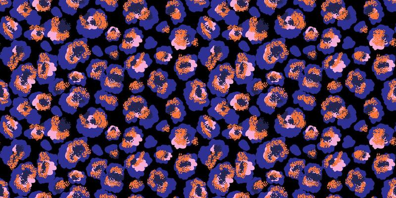 Vivid leopard-inspired pattern with abstract spots in orange, purple, and pink shades on a black background. Bold, modern design animal print perfect for fashion, textiles, artistic branding projects.
