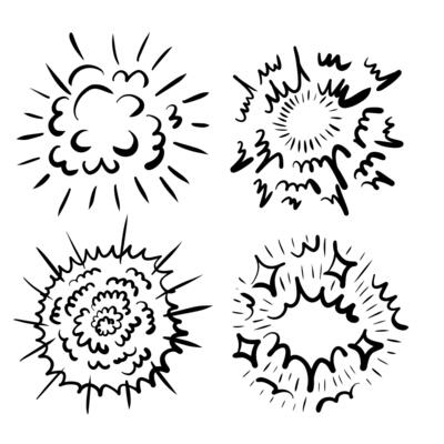 Comic boom effect. Cartoon bomb burst. Bang and pow splashes. Doodle smoke and speed energy lines.collection of Action crash hand drawn doodle.