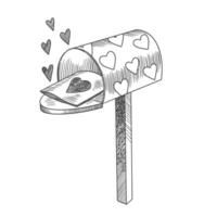 Open postbox with a love letter inside. Retro style mailbox with heart pattern. Black and white sketch style illustration for Valentines day vector