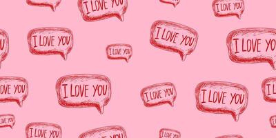 Seamless pattern with speech bubbles with I love you inscription. I love you message. Sketch style Valentines day pattern. Pink background with text boxes vector