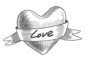 Heart with a ribbon with inscription Love. Black and white sketch style heart isolated on white background vector