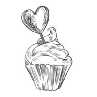 Sketch style muffin with heart shaped candy. Line art sweets. Cupcake with cream on top. Valentines day design element. Engraving style muffin vector