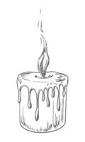 Burning candle with melted wax. Black and white engraving style illustration. Sketch style vector
