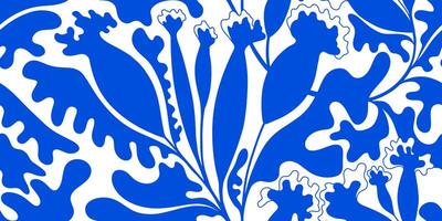Fauvism style seamless floral pattern. Blue and white background with abstract plants silhouette. Geometric flower buds. Portuguese azulejos. Vintage texture. Decorative simple botanical pattern vector