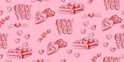 Seamless pattern with hearts, gift box, heart pierced by an arrow, box of chocolates. Only you lettering. Sketch style Valentines day pattern vector