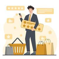 Customer review rating concept. Man using mobile phone and holding credit card. illustration in flat style vector