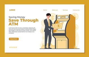Landing page template for saving money for cash withdrawal. Flat style illustration. vector