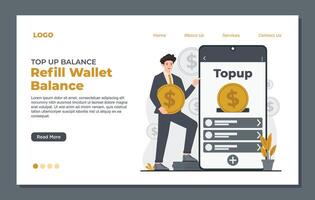 top up balance landing page template of return on investment. Businessman with coin in mobile phone screen. vector