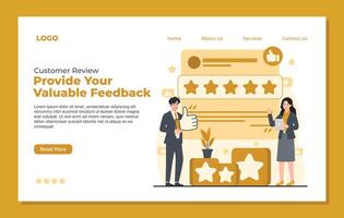 Customer reviews and feedback flat landing page template. Customer review, quality assessment, evaluation, customer satisfaction concept vector
