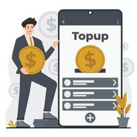 top up balance Businessman with money in smartphone. Flat design illustration concept. vector