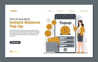 top up balance landing page template, mobile banking, online payment. Landing page template. vector