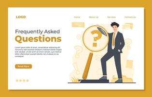 Frequently Asked Questions landing page template. Businessman with magnifier and question mark. illustration vector