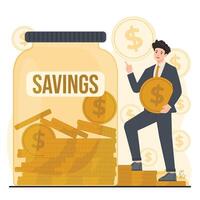 Savings concept illustration in flat style. Man with gold coins and jar of savings. vector