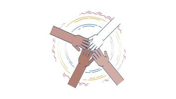 Diverse hands in unity circle doodle animation. Cultural diversity 4K motion graphic. Team arms placed together in circular formation animated 2D flat cartoon concept, white background video
