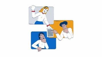 Virtual team collaborating through online interaction doodle animation. Proofreading 4K motion graphic. Remote colleagues sharing document animated 2D flat cartoon concept, white background video