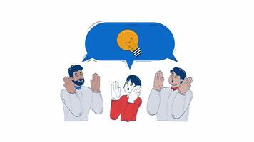 Multicultural team amazed by bright idea doodle animation. Light bulb speech bubble 4K motion graphic. Brainstorming office workers animated 2D flat cartoon concept, white background video
