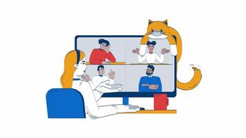 Virtual meeting with lazy cat and coffee doodle animation. Remote job. call 4K motion graphic. Teleworker woman working from home animated 2D flat cartoon concept, white background video