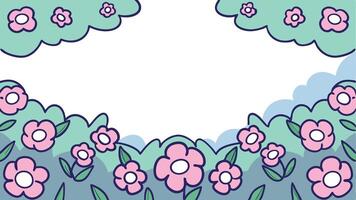 A cartoon frame with pink flowers and clouds vector