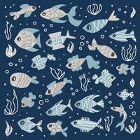 fish collection isolated in doodle style. vector