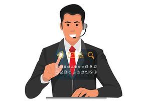 Illustration of a call center agent having a conversation Sit and work and use your index finger to point forward. open modern system vector