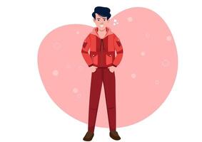 A man in an orange jacket stood with his hands in his pockets. Wear red-brown pants. Illustration vector
