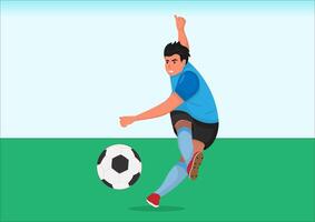 Male soccer player kicks the ball hard. Illustration vector