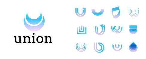 Modern gradient logos with blue and purple hues symbolizing unity, innovation, collaboration. Logo set for branding, tech companies, or community organizations. Abstract Letter U. symbol vector