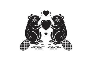Beaver Silhouette with Heart Symbols Graphics vector