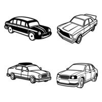 four different types of cars are shown in black and white vector