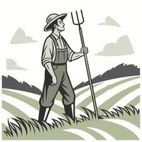 A farmer with pitchfork standing in the field vector