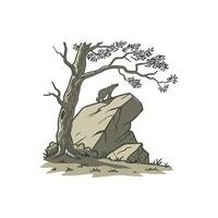 A bear is sitting on a rock under a tree vector