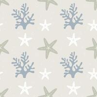 Corals and starfish, marine pattern on soft background. The pastel light pattern conveys cozy underwater world. vector