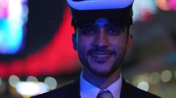 Businessman in a formal suit experiencing virtual reality with a VR headset. Modern technology meets professional innovation, exploring immersive solutions for business and communication. video