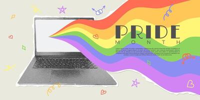 Fashionable halftone collage. Collage on the theme of pride month. Halftone notebook with cut out rainbow speech bubble. Collage with cut out paper elements and doodles for LGBT event design vector