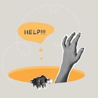 Fashionable halftone collage. Concept of asking for help, success, life stability, overcoming adversity. A hand asking for help, how to solve a problem. A trendy retro collage from the 90s vector