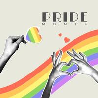 Trend halftone collage in retro style. Collage on the theme of pride month. Hand with halftone effect holding a scrapbooking style paper cut out heart and heart shaped hands on rainbow background vector