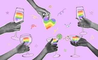 Trendy halftone collage. Hands with halftone effect holding different glass drinking glasses and paper cut out heart in scrapbooking style.Horizontal collage on pride month theme in retro style vector