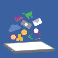 Financial transactions and online tools. Coins, connection, search, email, shopping trolley, camera, and analytics icons for digital business operations vector