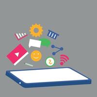 Smartphone with network connection, cloud storage, shopping cart, graph, and social media icons. Digital communication and technology concept for online business and content creation vector