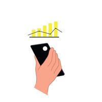 Smartphone in hand with rising graph icon above. Mobile analytics and business growth monitoring. Concept of financial progress and success planning. vector